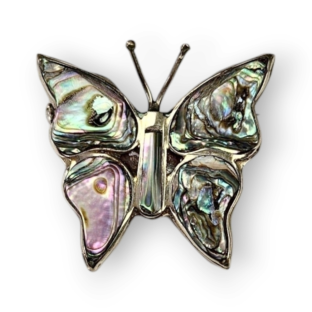 Vintage Mexico Butterfly Brooch Abalone Shell Wings Alpaca Silver 1 1/8" Wide